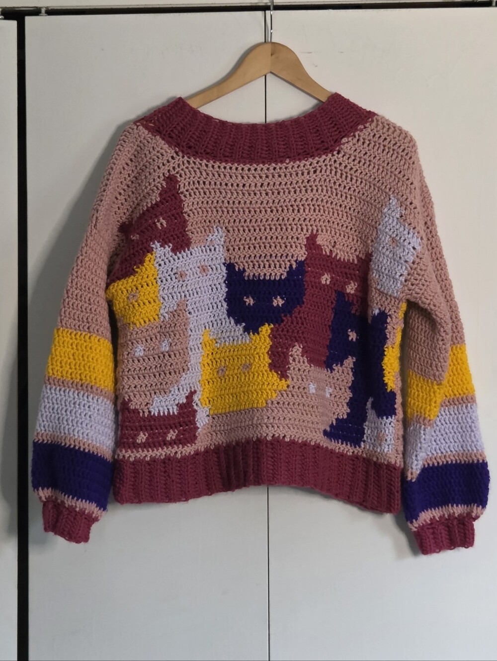 Source Unknown Dusty Pink Crochet Sweater with Multicolor Cat Motifs